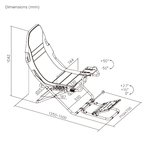 Diagrama de dimensiones y rangos de ajuste del cockpit con silla