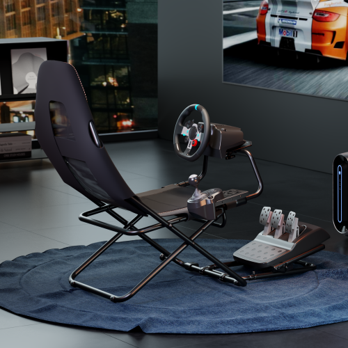Cockpit con silla instalado frente a una pantalla de carreras