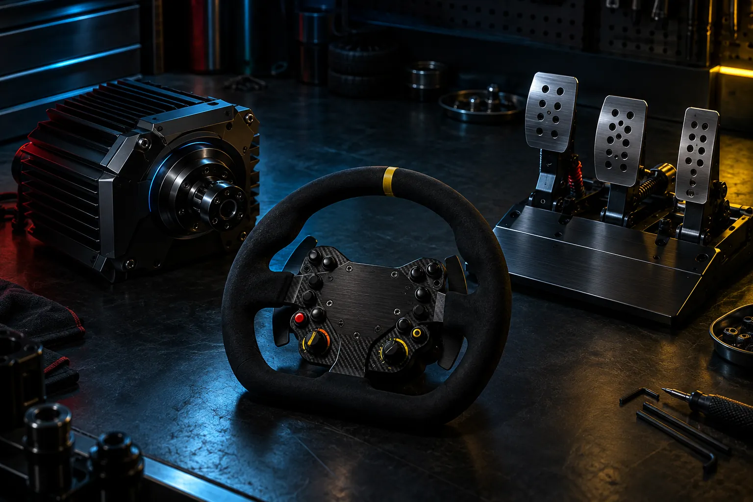 Volante, base y pedales para simracing sobre una mesa de trabajo