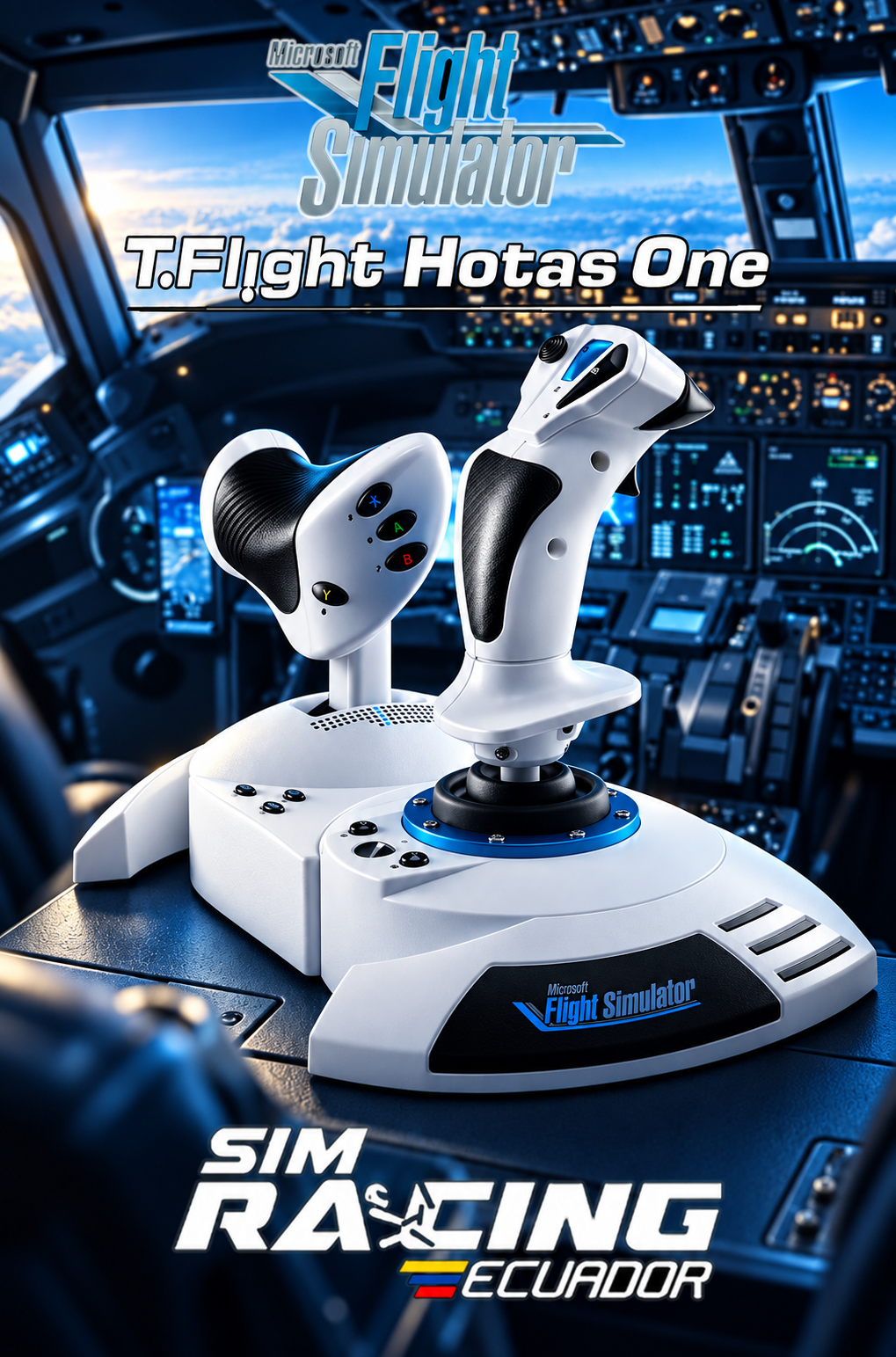 Control de vuelo para simulador con cabina iluminada en azul