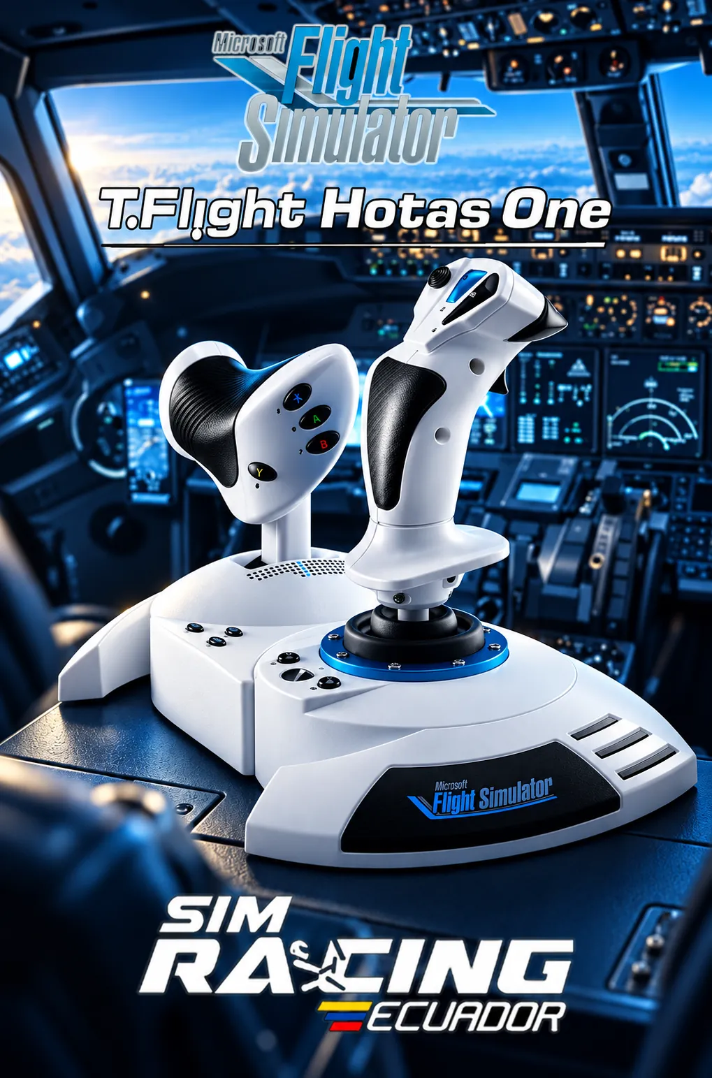 Control de vuelo para simulador con cabina iluminada en azul